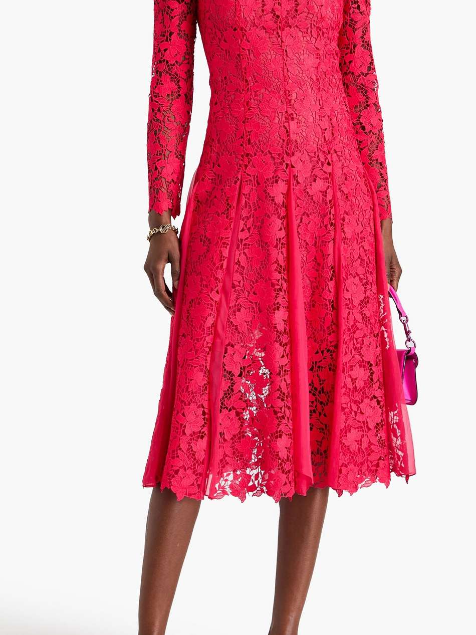 chiffon-trimmed guipure lace midi dress