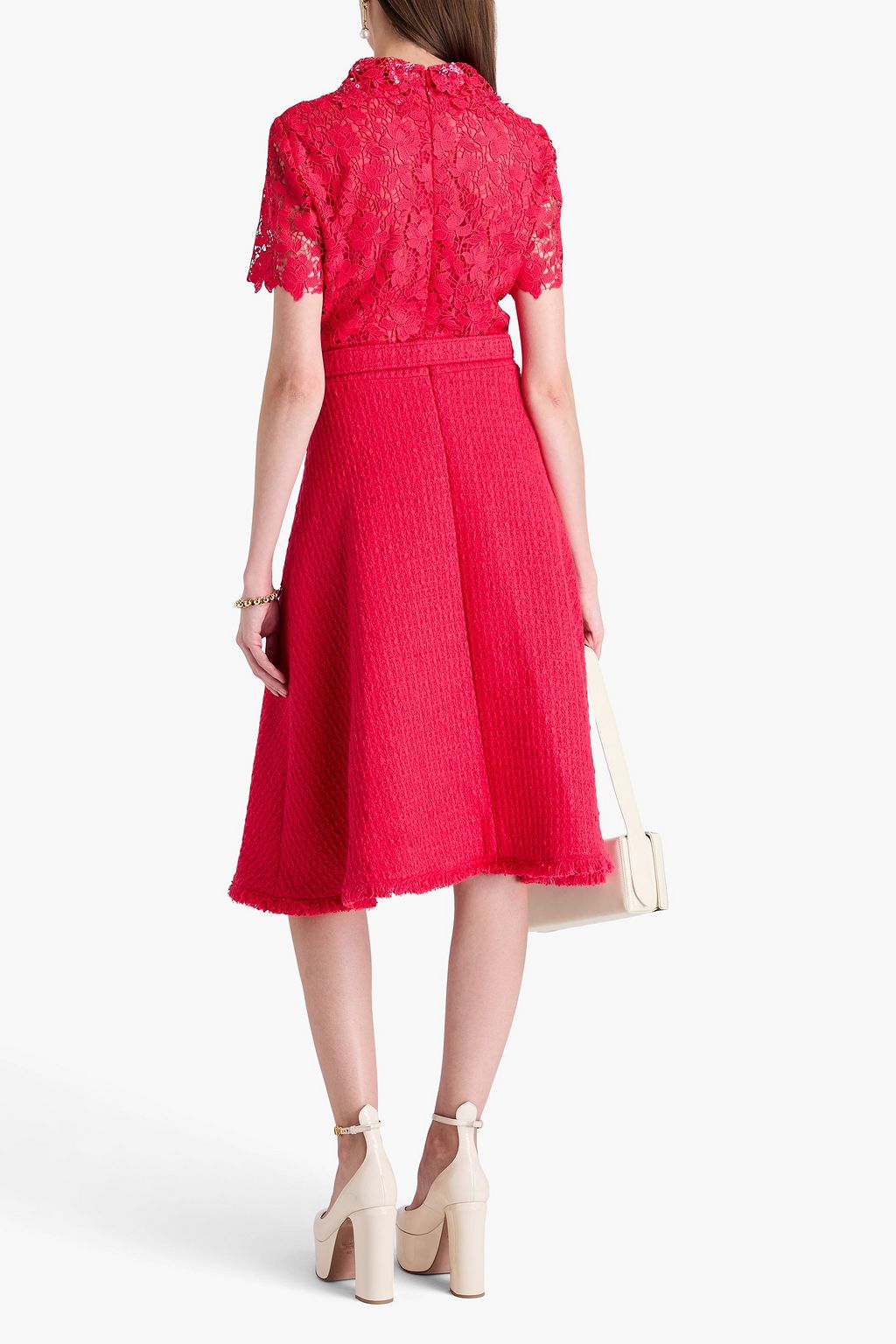 OSCAR DE LA RENTA 장식 디테일 기퓌르 레이스 & 트위드 미디 드레스