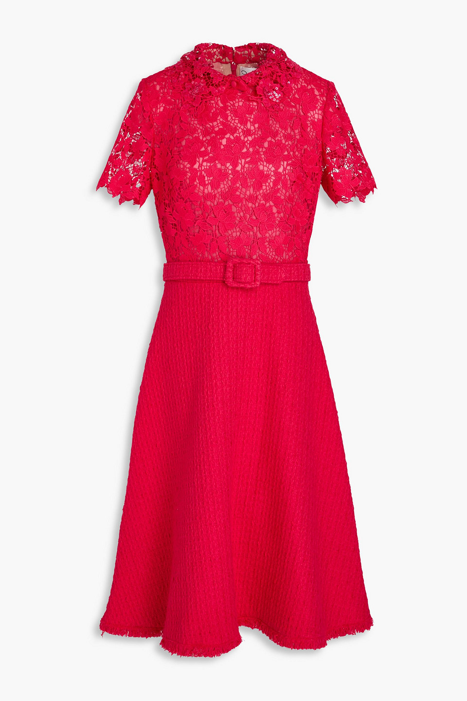 Oscar De La Renta Short-sleeve Gardenia Guipure And Tweed Midi Dress With Self-belt In Papayafarben