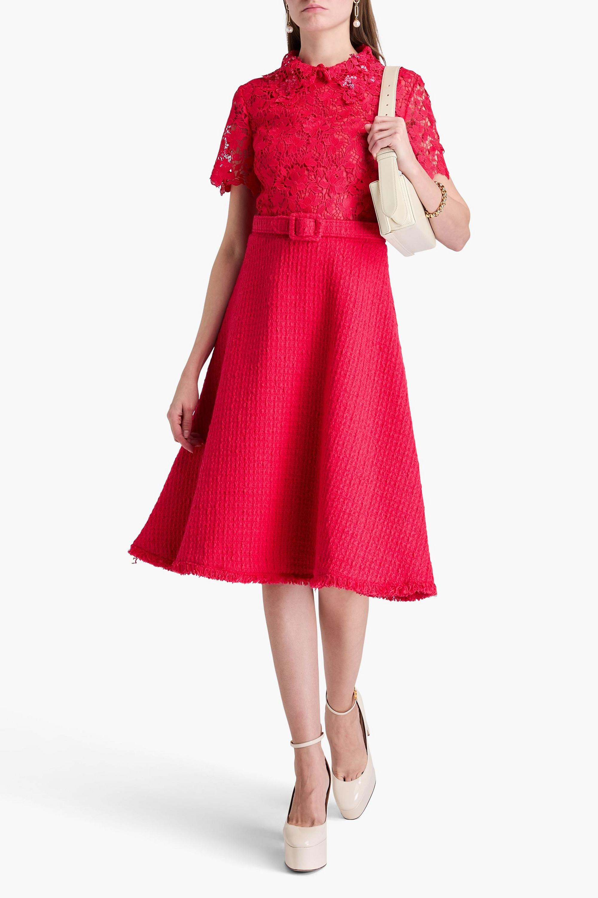 Oscar de la Renta Embellished guipure lace and tweed midi dress