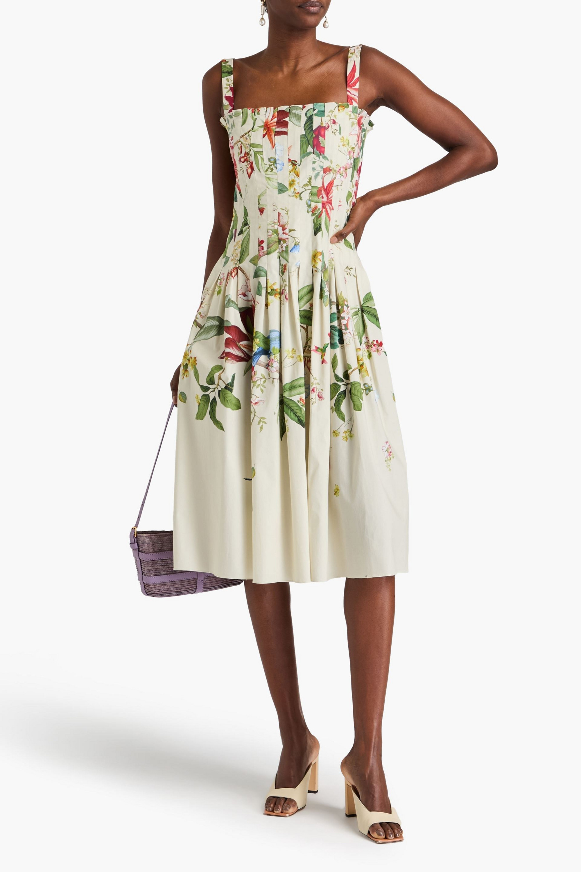 Oscar de la Renta Pleated printed cotton-blend poplin midi dress