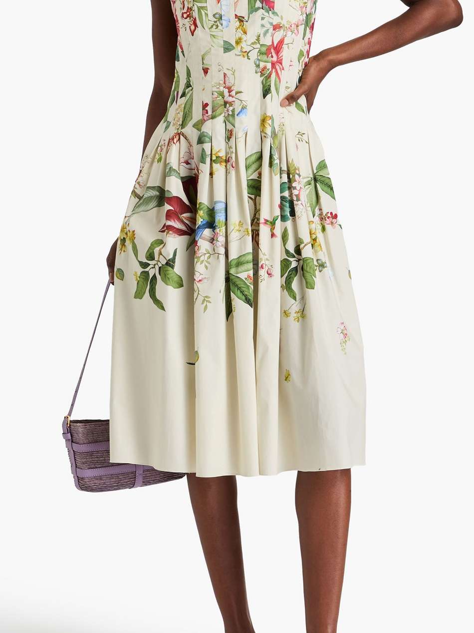 pleated printed cotton-blend poplin midi dress