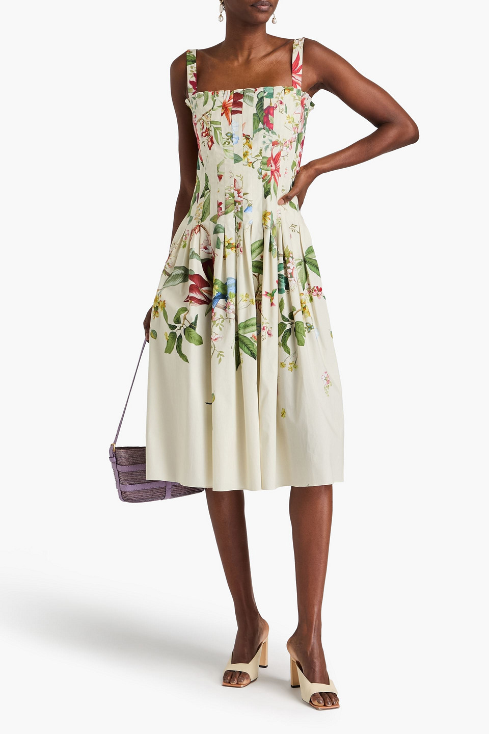Oscar De La Renta Degrade Floral Fauna Print Draped Midi Dress In Ivory