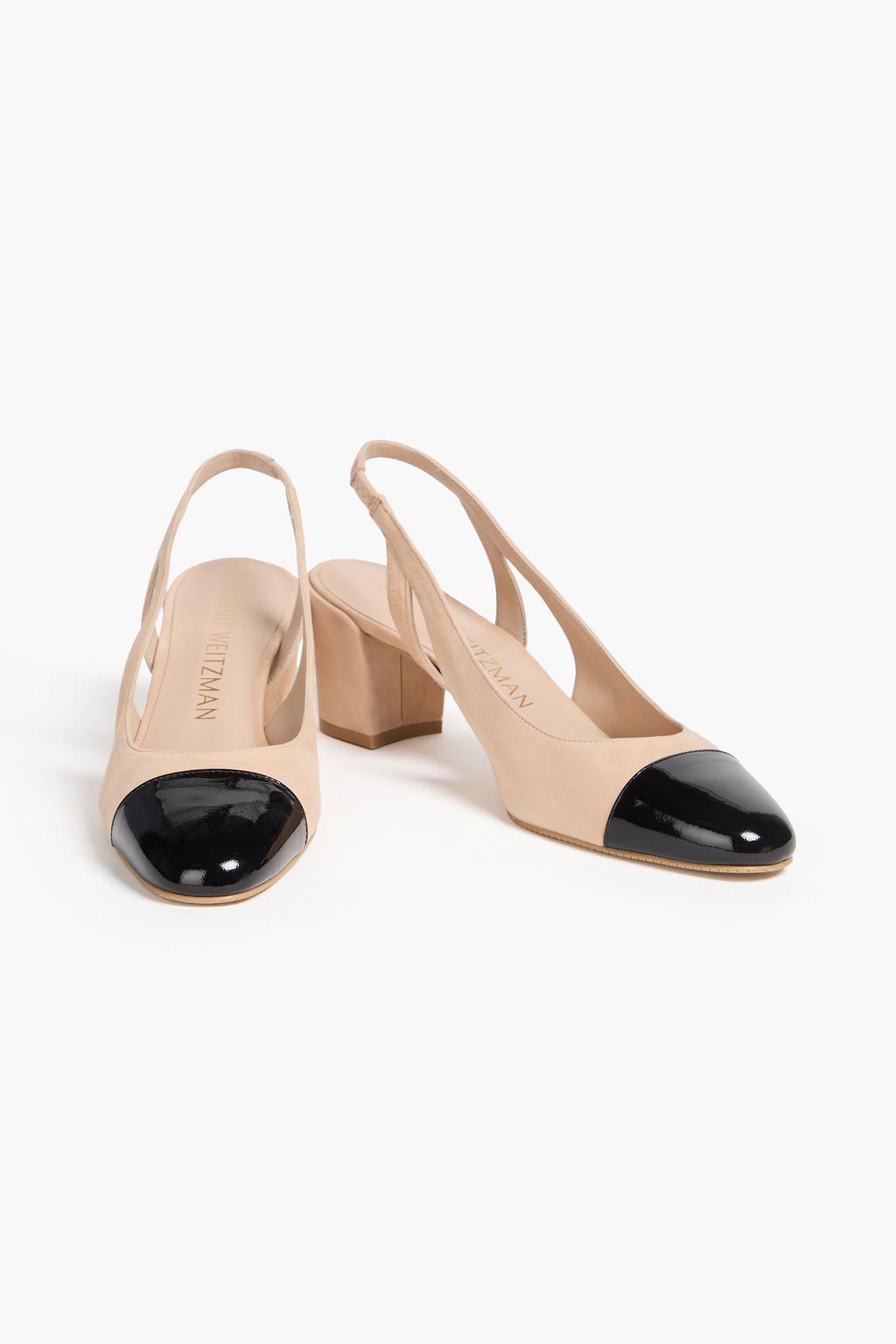 STUART WEITZMAN 슬릭 투톤 페이턴트 가죽 & 스웨이드 슬링백 펌프스