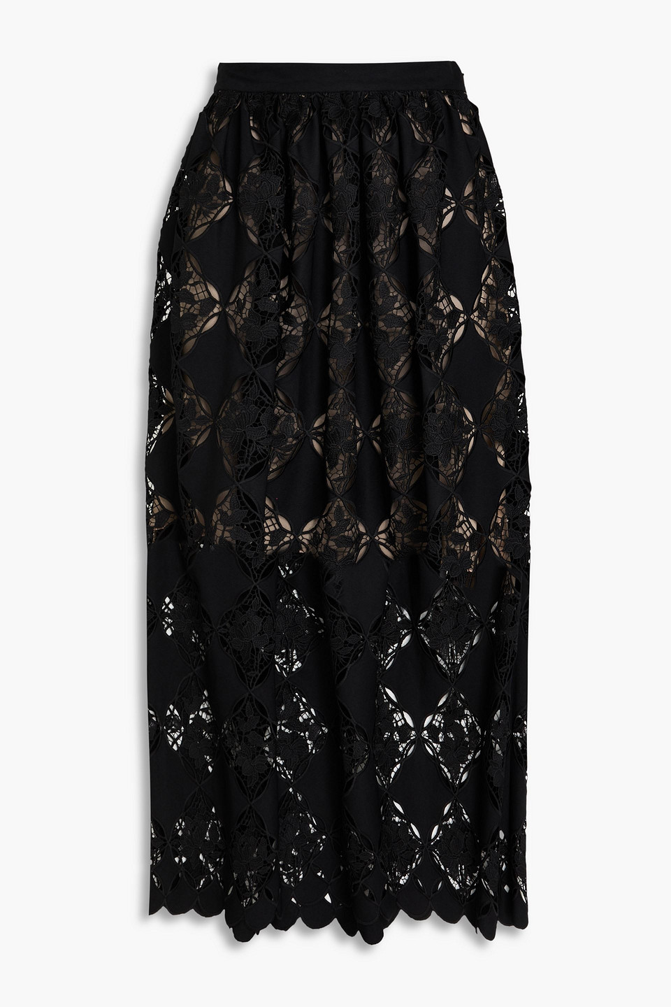 Oscar De La Renta Guipure Lace And Twill Midi Skirt In Black