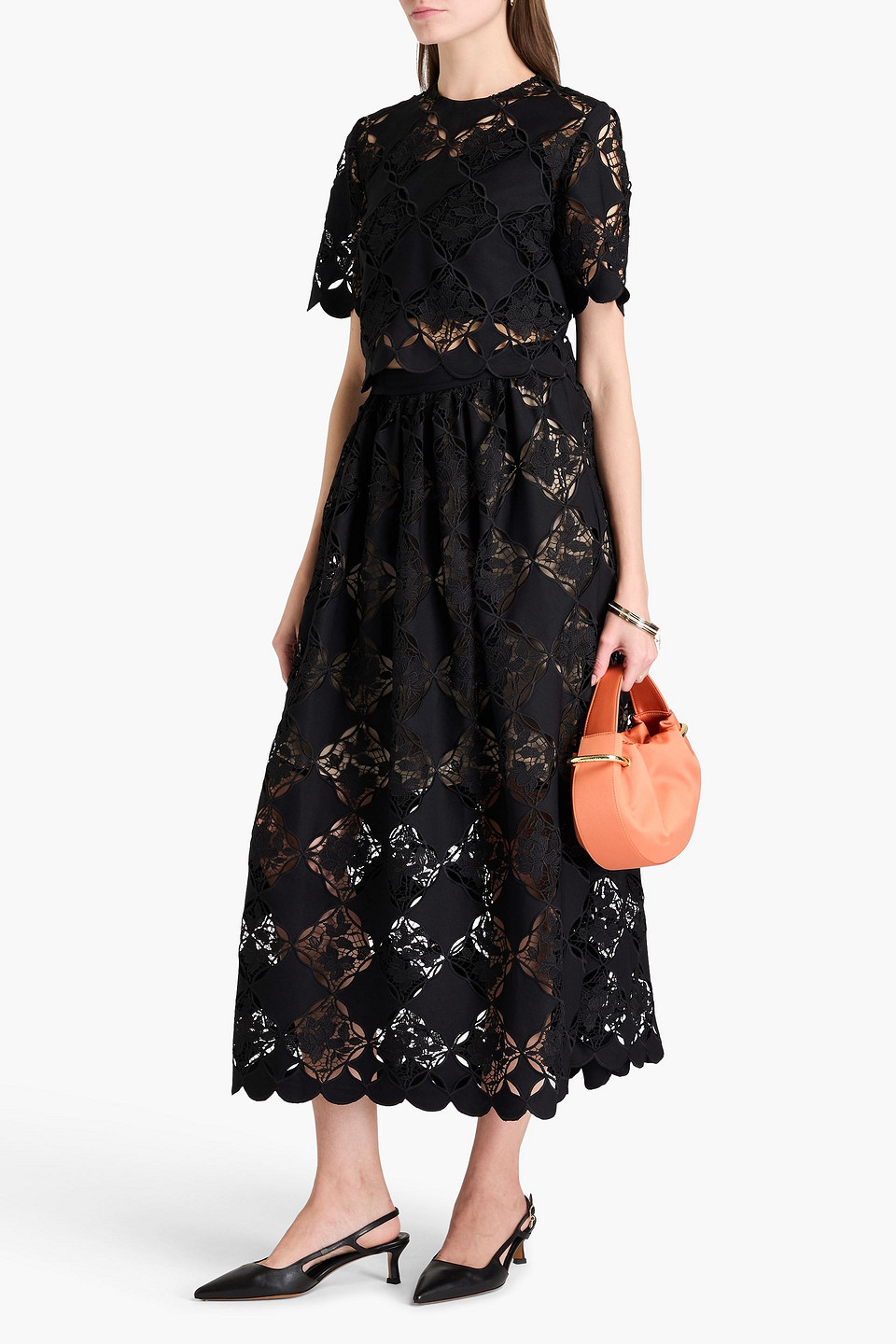Shop Oscar De La Renta Guipure Lace Midi Skirt In Black