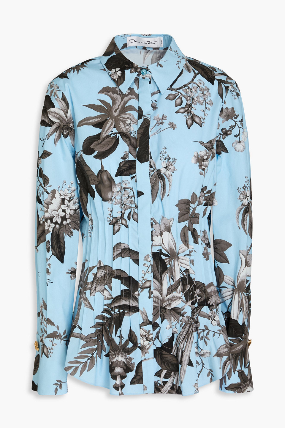 Oscar De La Renta Pintucked Floral-print Cotton-blend Poplin Shirt In Light Blue