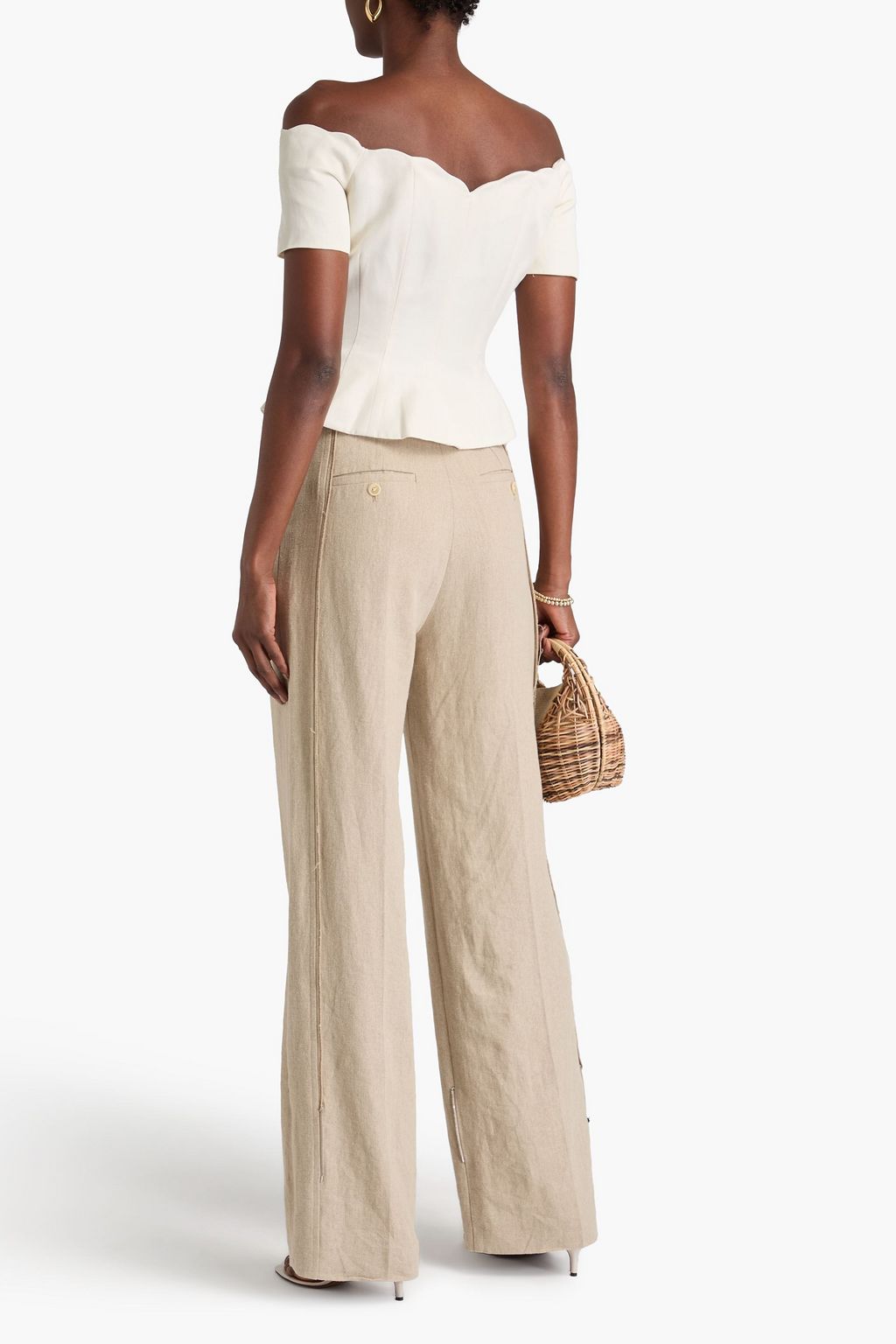 SALONI Clementine off-the-shoulder cotton, linen and silk-blend twill peplum top