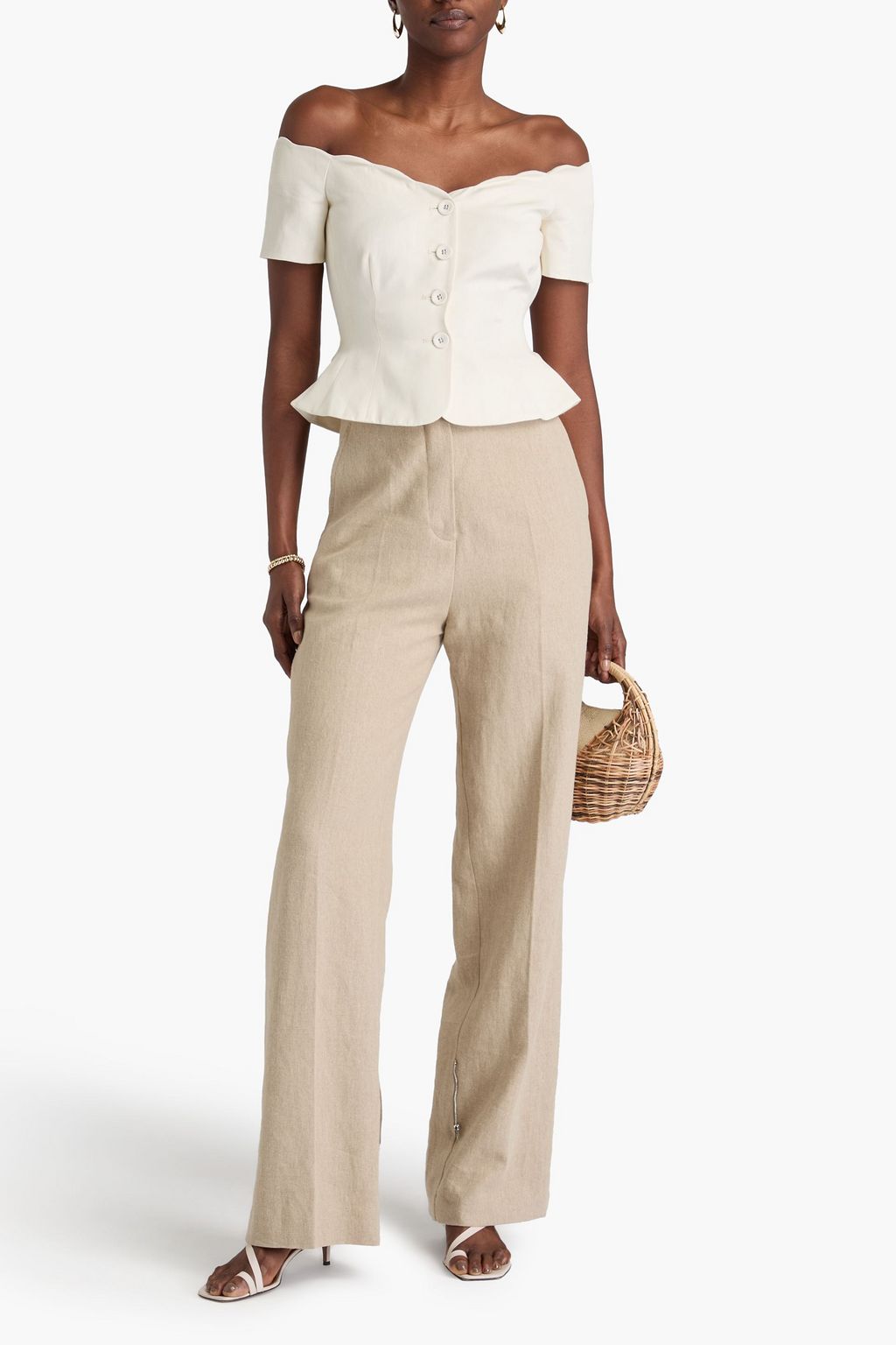 SALONI Clementine off-the-shoulder cotton, linen and silk-blend twill peplum top