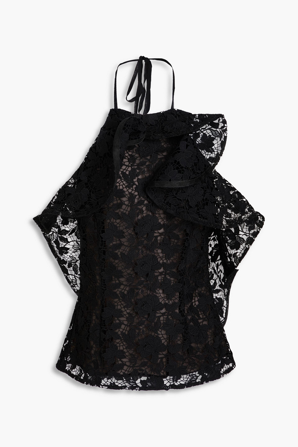 Oscar De La Renta Ruffled Guipure Lace Halterneck Top In Black