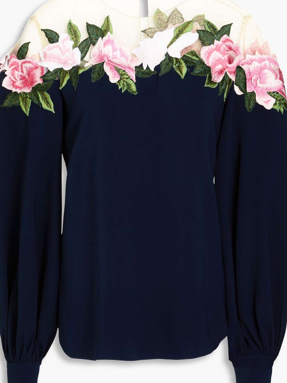 embroidered  tulle-trimmed crepe blouse