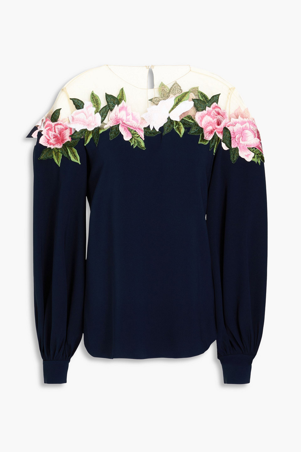 Embroidered tulle-trimmed crepe blouse