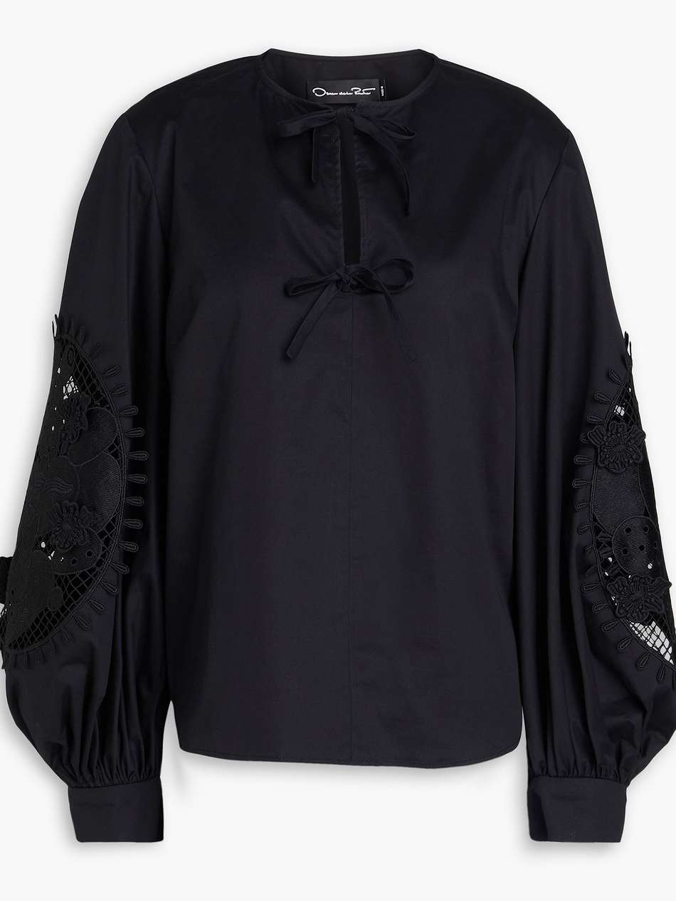guipure lace-trimmed cotton-blend poplin blouse