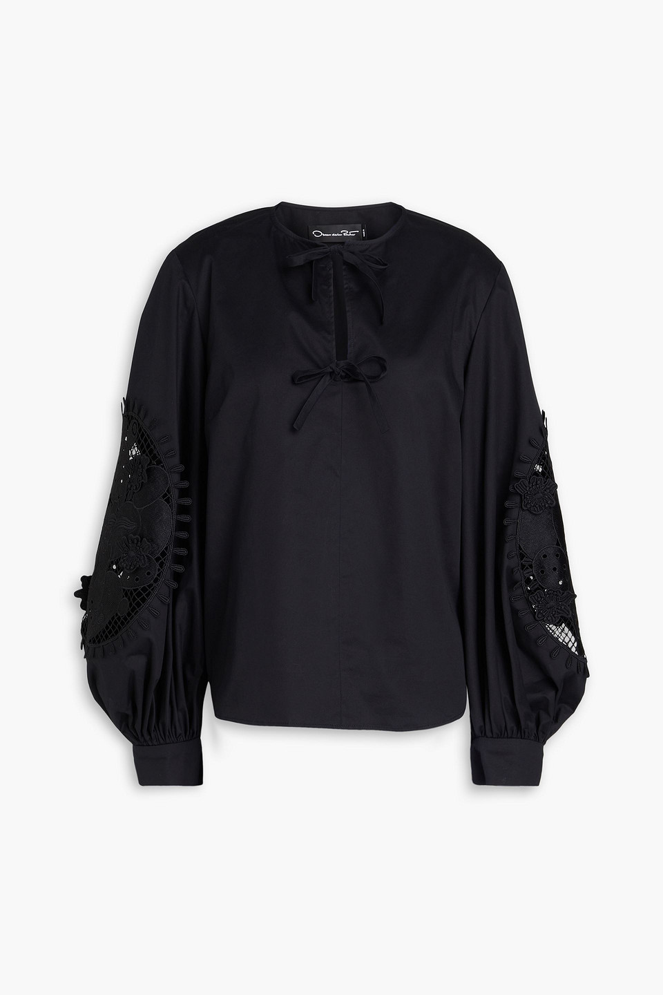 Oscar De La Renta Guipure Lace-trimmed Cotton-blend Poplin Blouse In Black