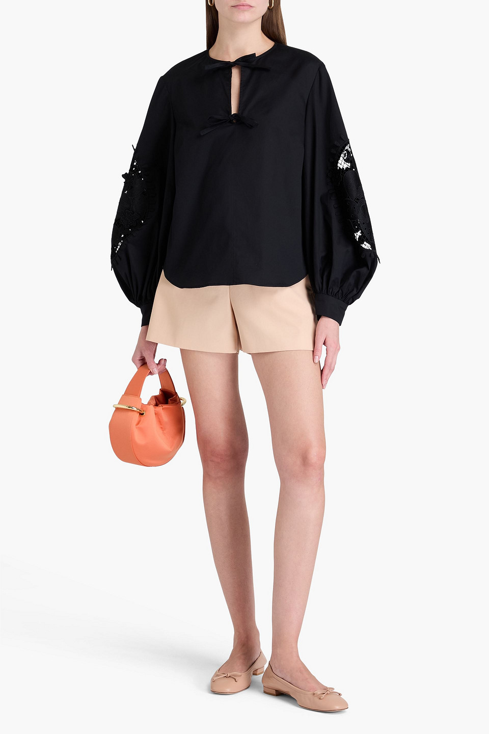 OSCAR DE LA RENTA GUIPURE LACE-TRIMMED COTTON-BLEND POPLIN BLOUSE