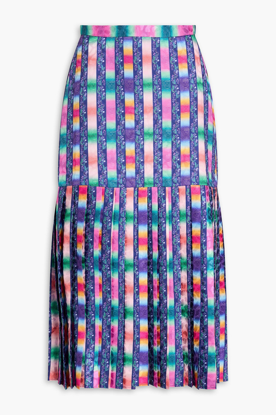 Saloni Diana Pleated Printed Satin-jacquard Midi Skirt In Navy