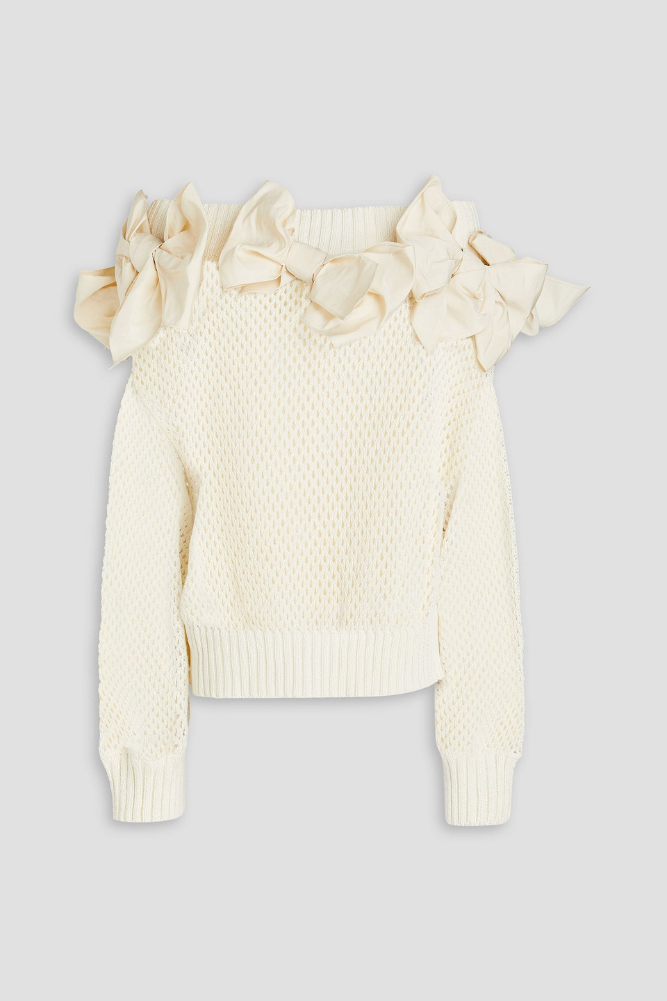 Off-the-shoulder bow-detailed open-knit cotton sweater