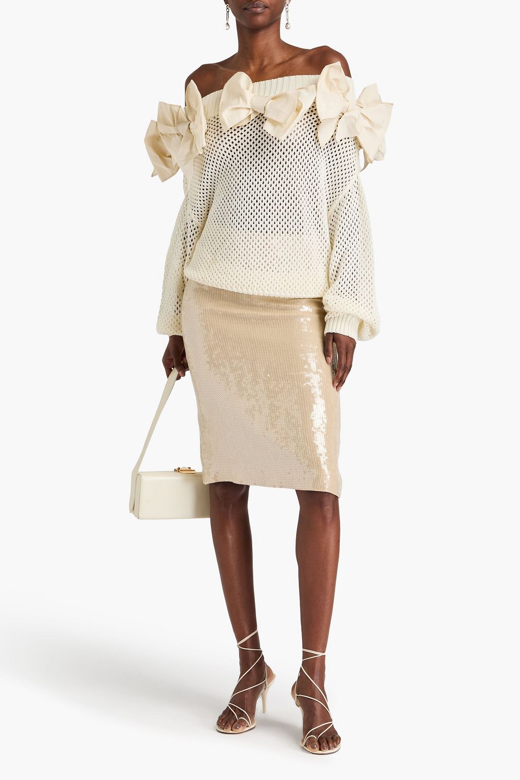 OSCAR DE LA RENTA كنزة رياضية من القطن بحبكة مفتوحة مزينة بربطة على شكل فراشة وبتصميم مكشوف الكتفين