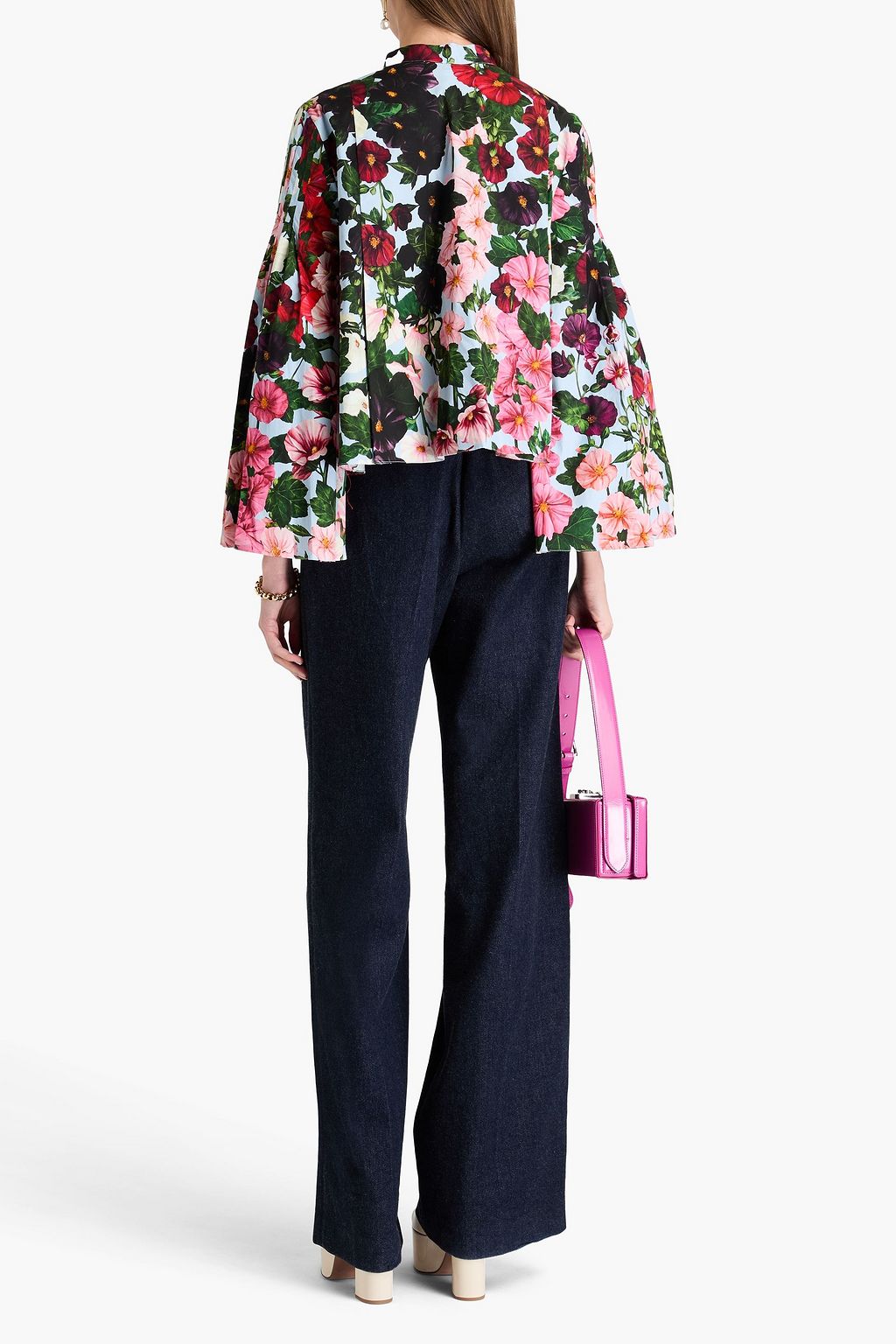 OSCAR DE LA RENTA 플리츠 디테일 플로럴 프린트 코튼 혼방 포플린 블라우스