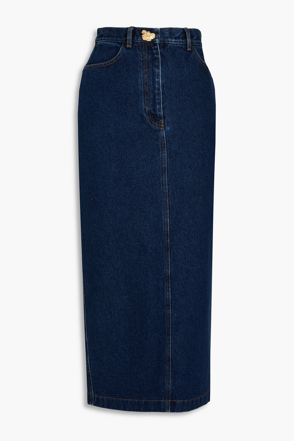 Oscar De La Renta Button-embellished Denim Midi Skirt In Dark Denim