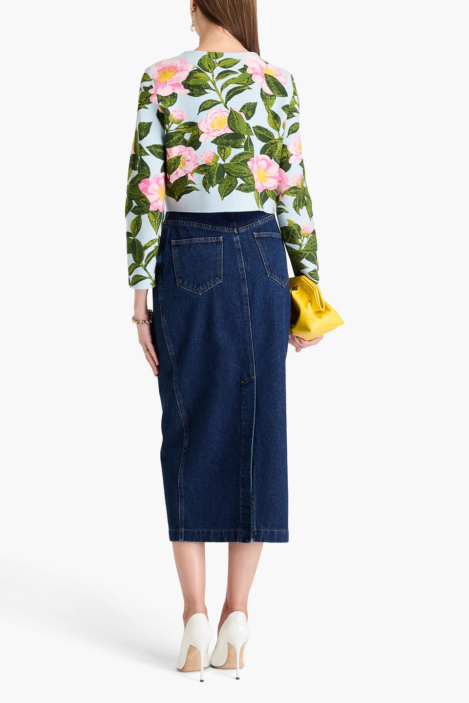 Shop Oscar De La Renta Cropped Jacquard-knit Cardigan In Light Blue