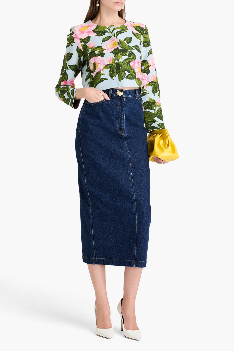 Shop Oscar De La Renta Cropped Jacquard-knit Cardigan In Light Blue