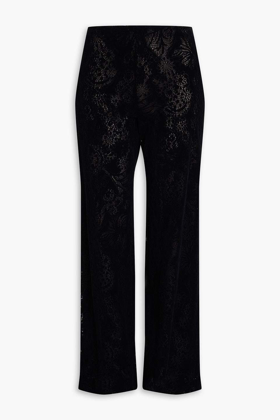 Oscar De La Renta Flocked Floral Lace Straight-leg Pants In Black