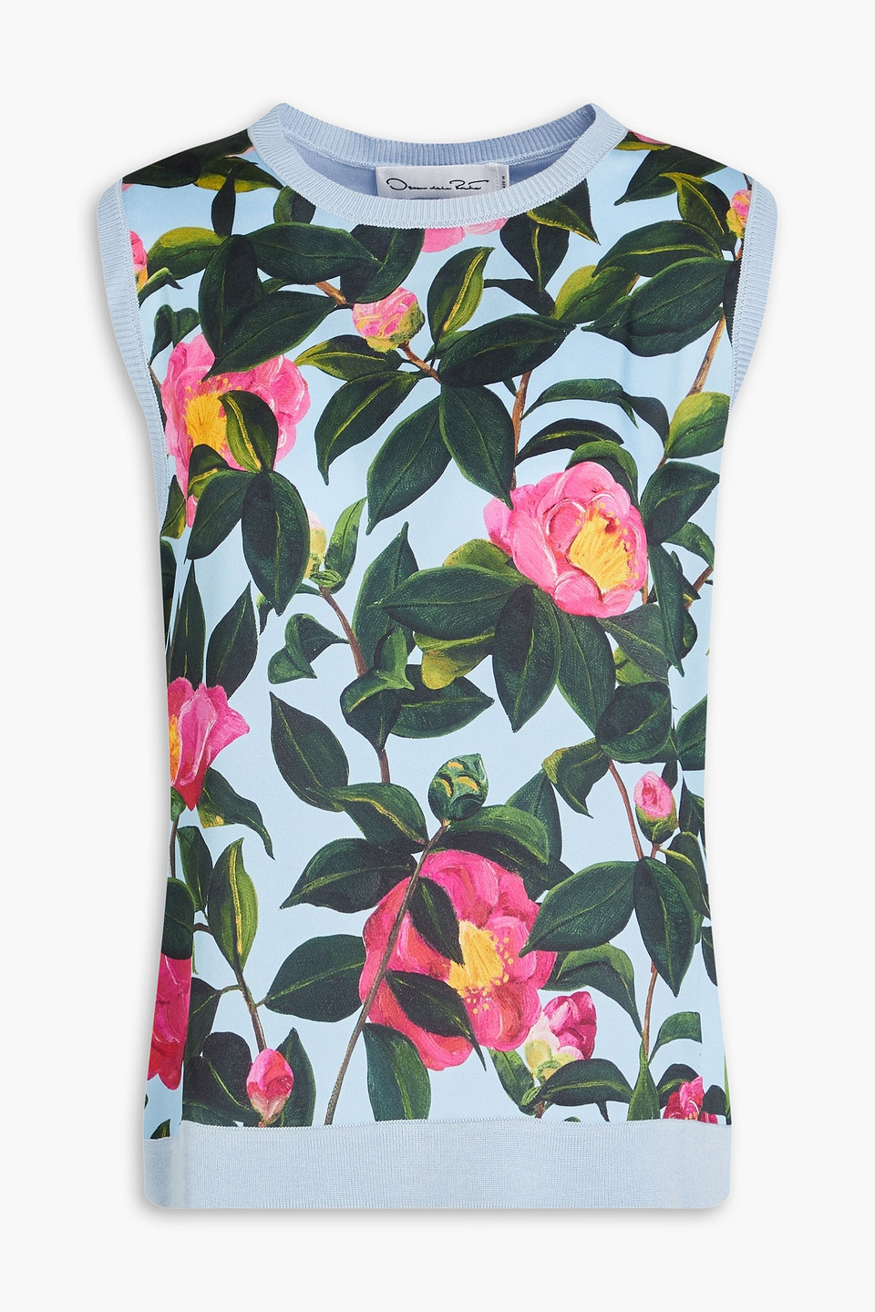 Shop Oscar De La Renta Satin-paneled Floral-print Silk-blend Tank In Bleu