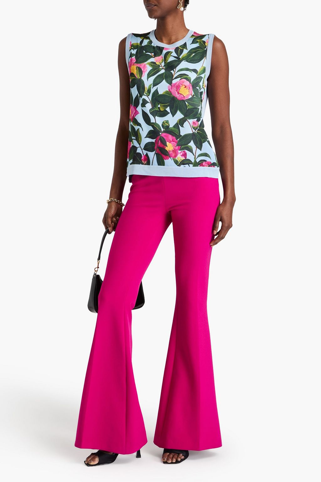 OSCAR DE LA RENTA Satin-paneled floral-print silk-blend tank