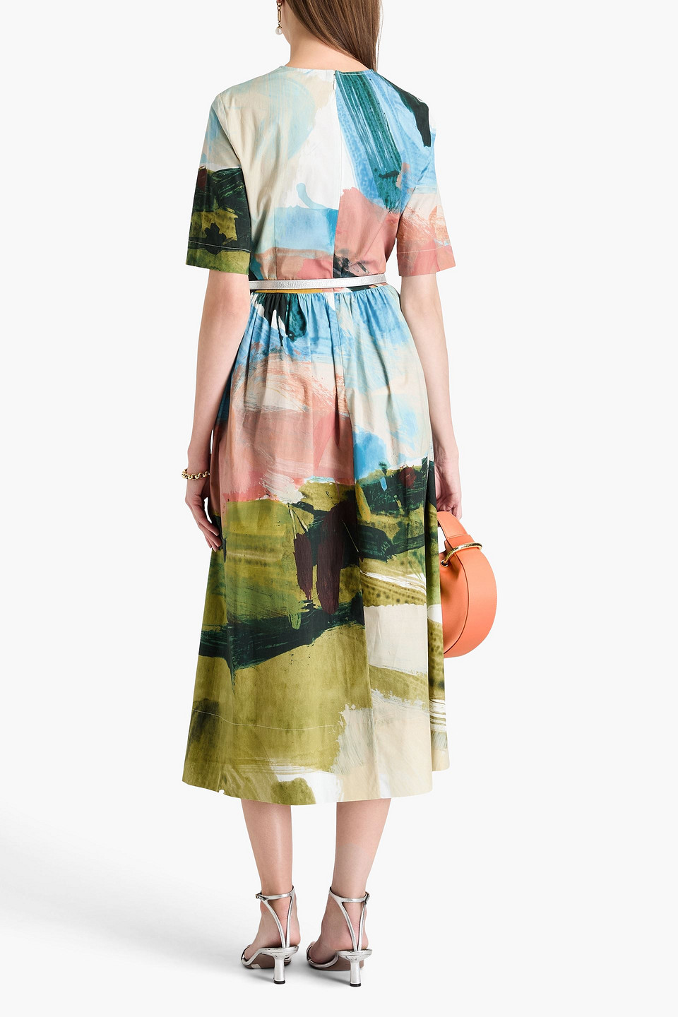 Oscar De La Renta Abstract Landscape Print Flared Midi Dress With Removable Belt In Turquoise