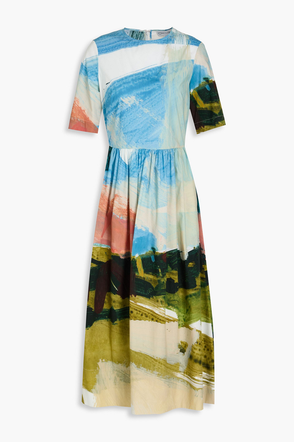 Oscar De La Renta Abstract Landscape Print Flared Midi Dress With Removable Belt In Turquoise