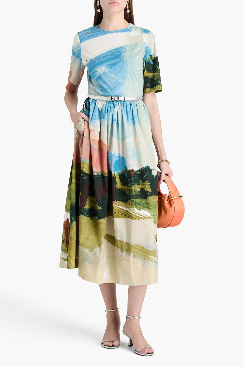Oscar De La Renta Abstract Landscape Print Flared Midi Dress With Removable Belt In Turquoise