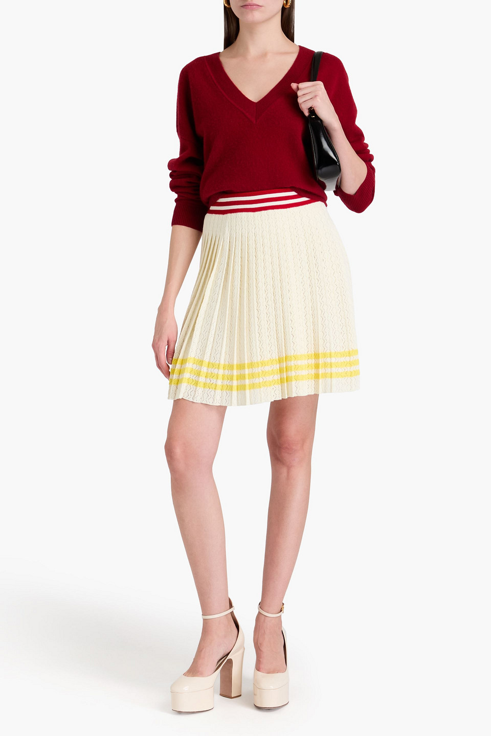ADIDAS ORIGINALS PLEATED STRIPED CROCHET-KNIT COTTON MINI SKIRT