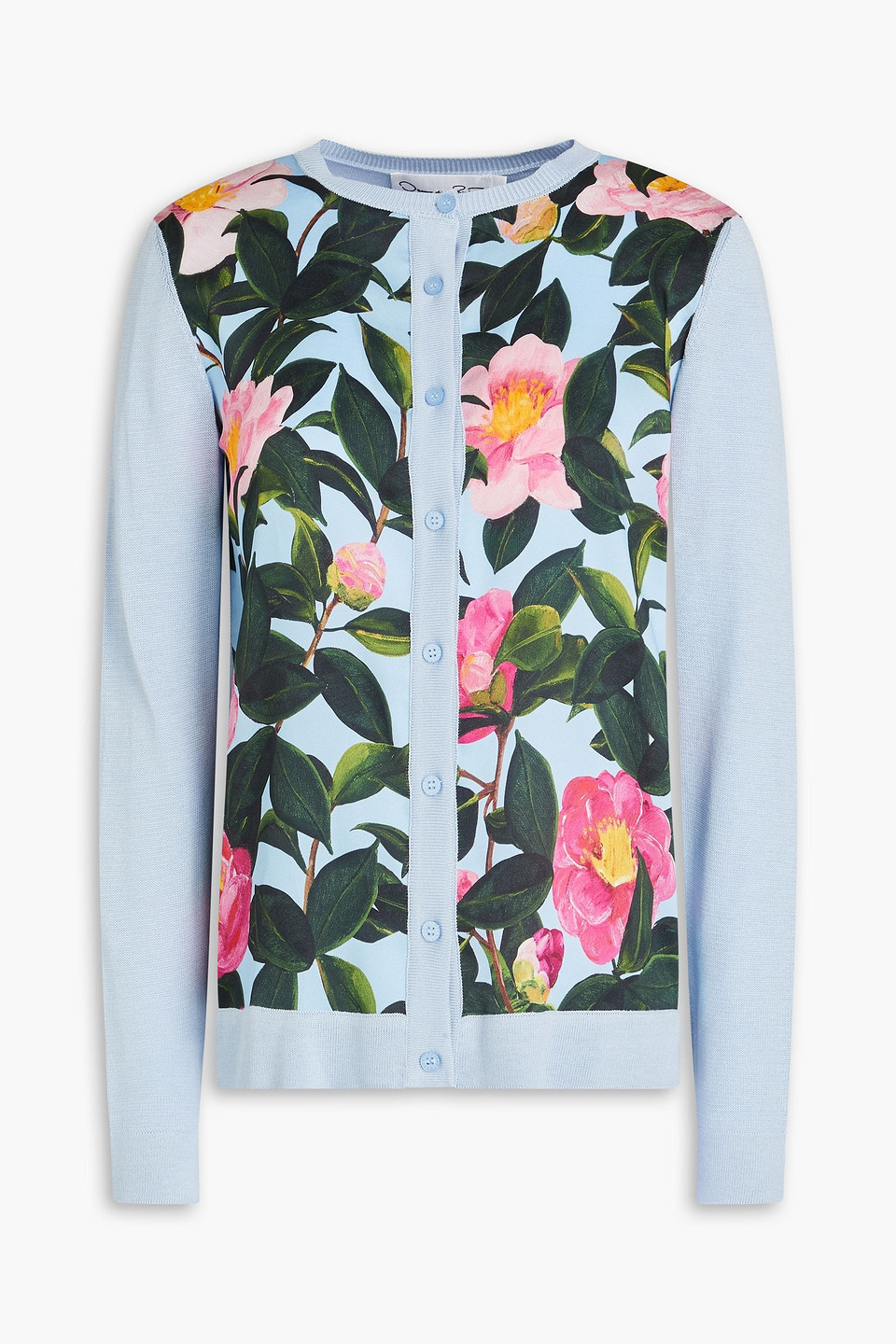 Shop Oscar De La Renta Satin-paneled Floral-print Silk-blend Cardigan In Bleu