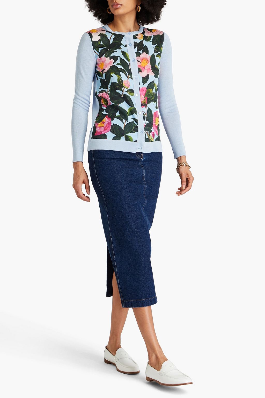 OSCAR DE LA RENTA Satin-paneled floral-print  silk-blend cardigan