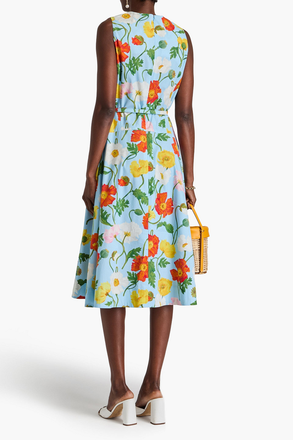 Oscar De La Renta Painted Poppies Cotton Poplin Sleeveless Dress In Light Blue