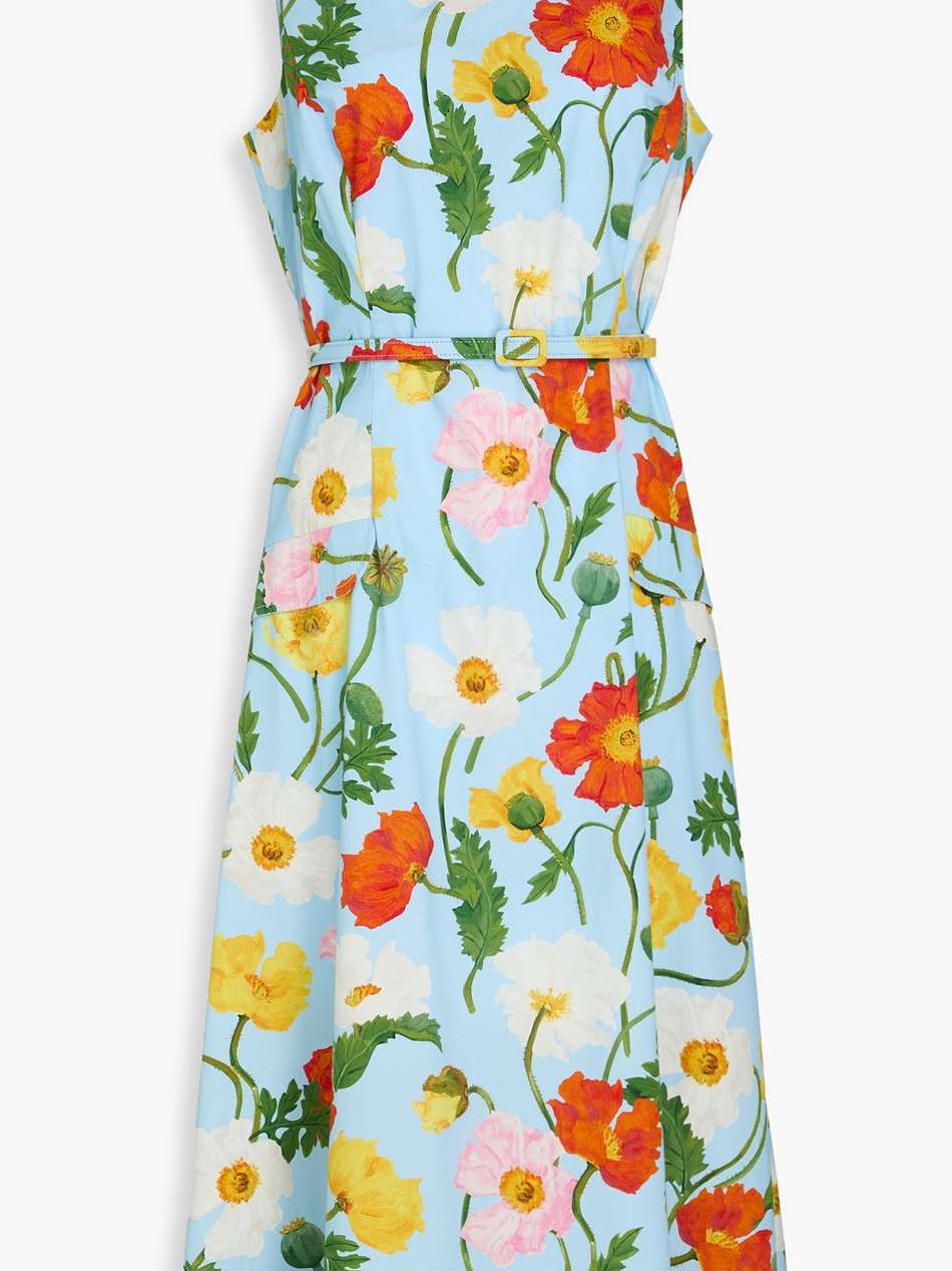 belted floral-print cotton-blend poplin midi dress