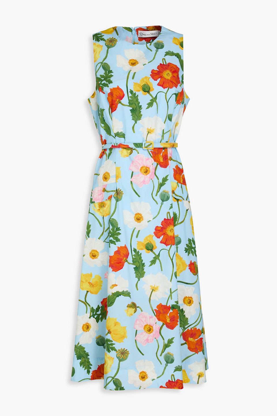 Oscar De La Renta Painted Poppies Cotton Poplin Sleeveless Dress In Light Blue
