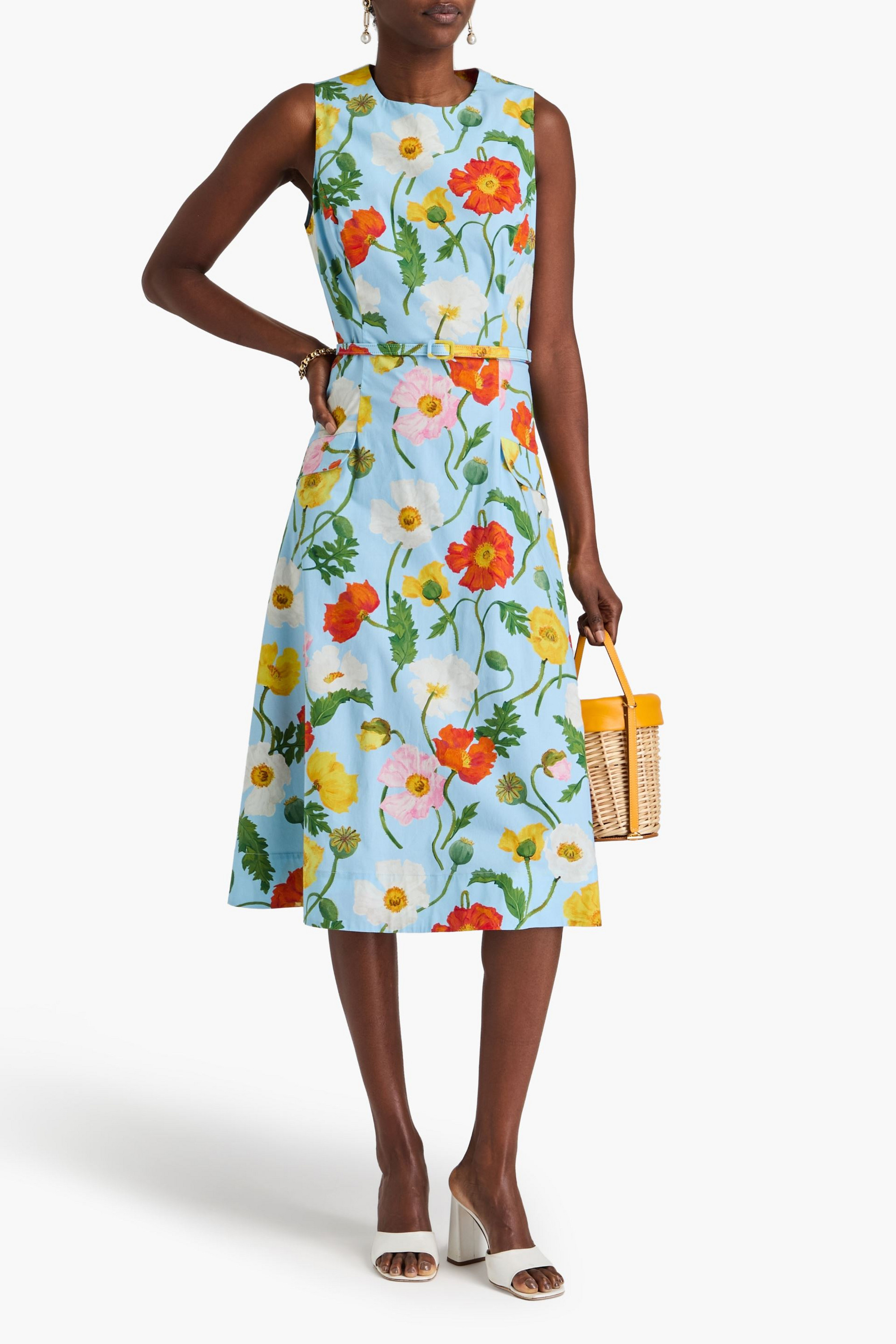 Oscar de la Renta Belted floral-print cotton-blend poplin midi dress