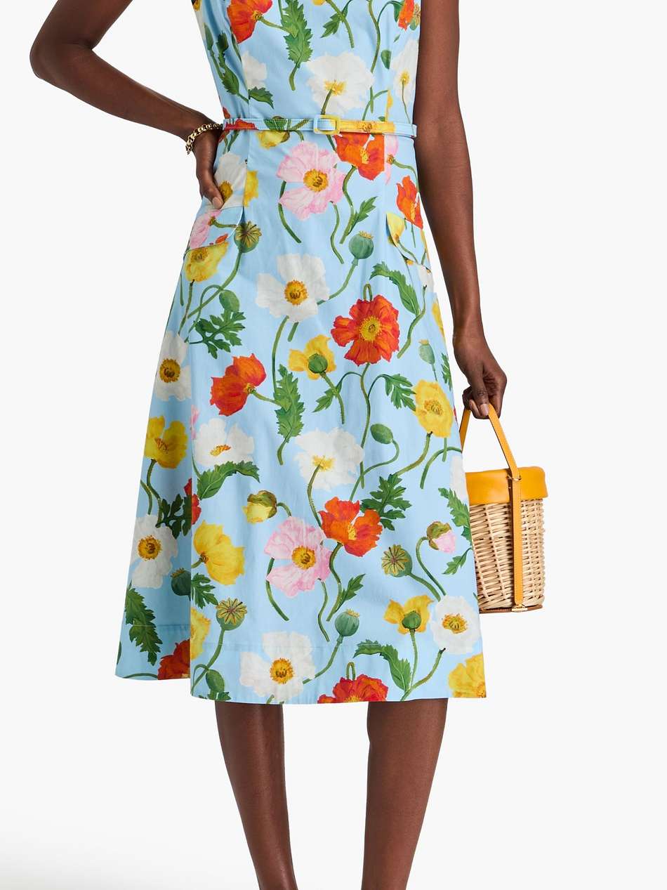 belted floral-print cotton-blend poplin midi dress