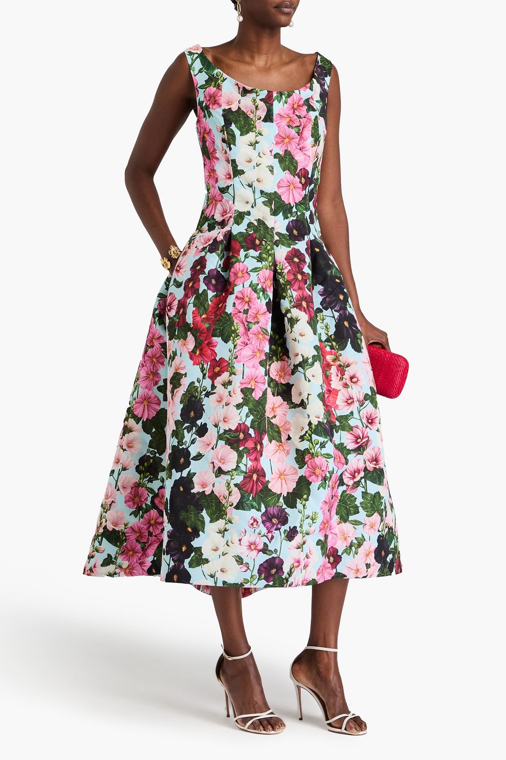 OSCAR DE LA RENTA فستان متوسط الطول من قماش الفاي ومزين بطبعة الأزهار