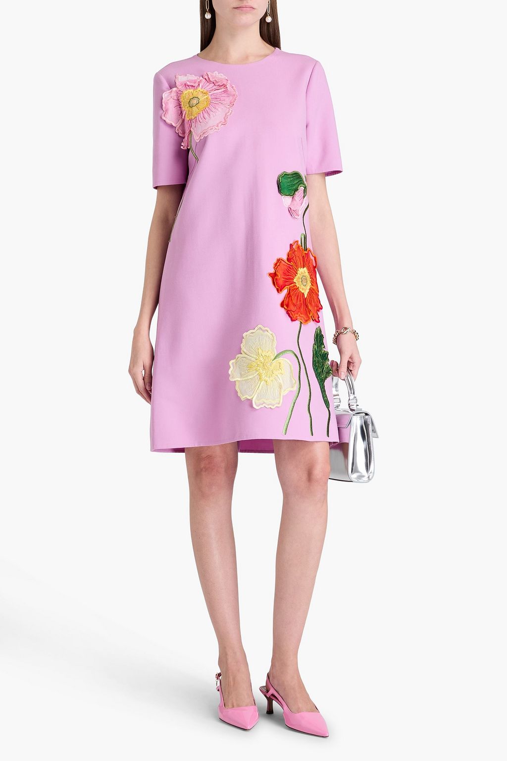 OSCAR DE LA RENTA Floral-appliquéd wool-blend dress