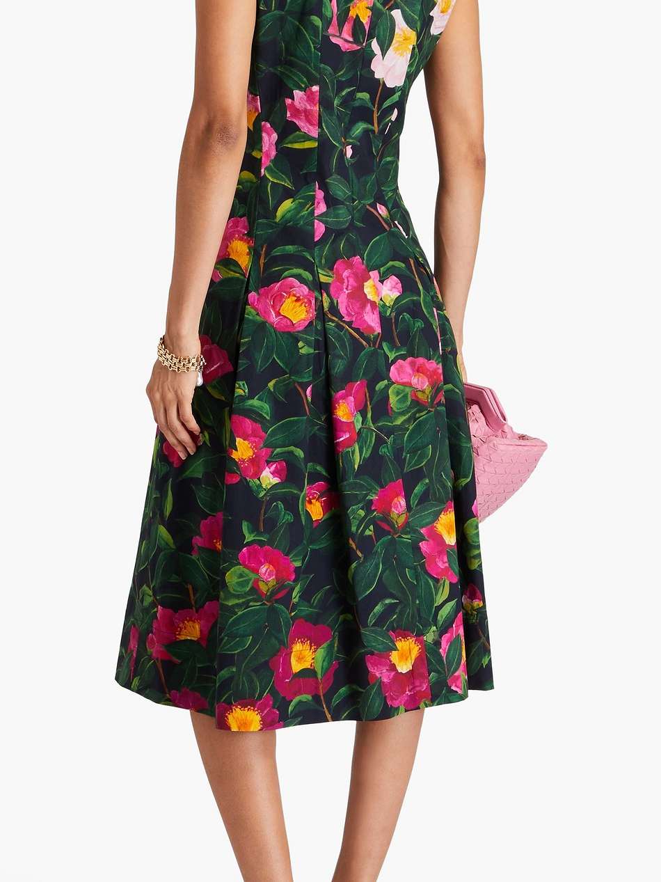 pleated floral-print cotton-blend poplin midi dress