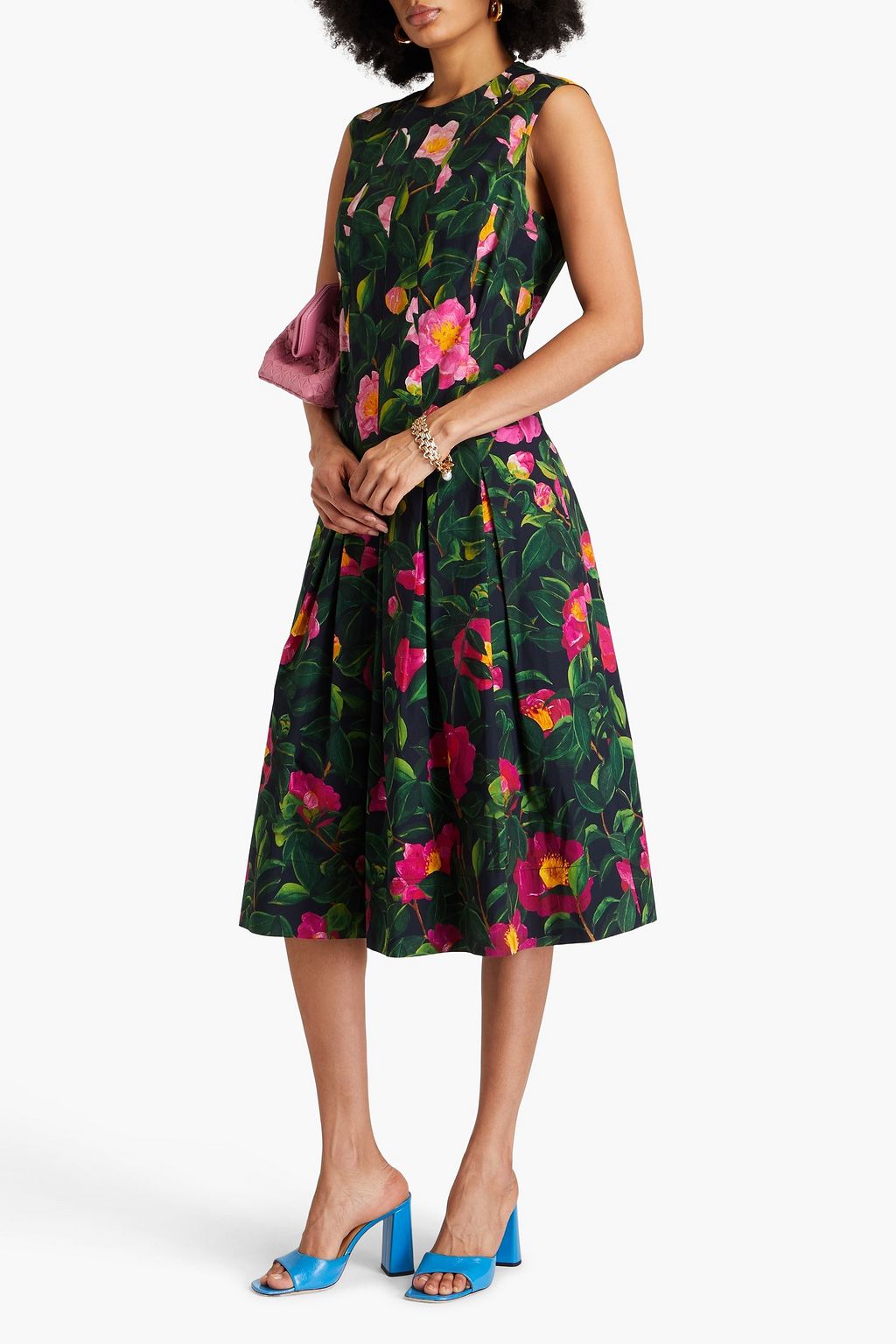 OSCAR DE LA RENTA Pleated floral-print cotton-blend poplin midi dress