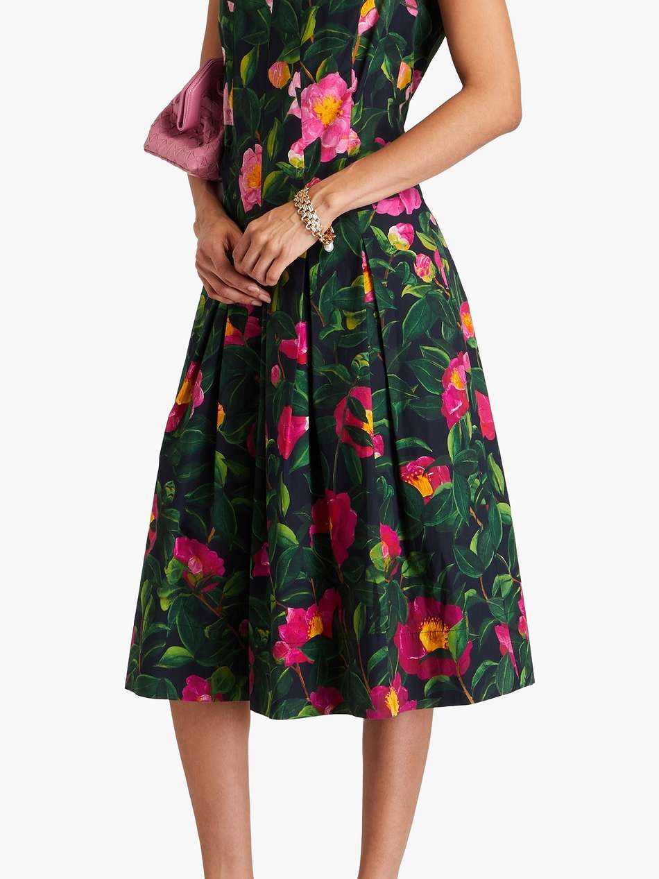 pleated floral-print cotton-blend poplin midi dress