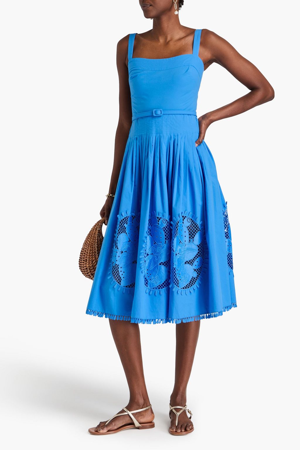OSCAR DE LA RENTA Belted pleated cotton-blend poplin midi dress