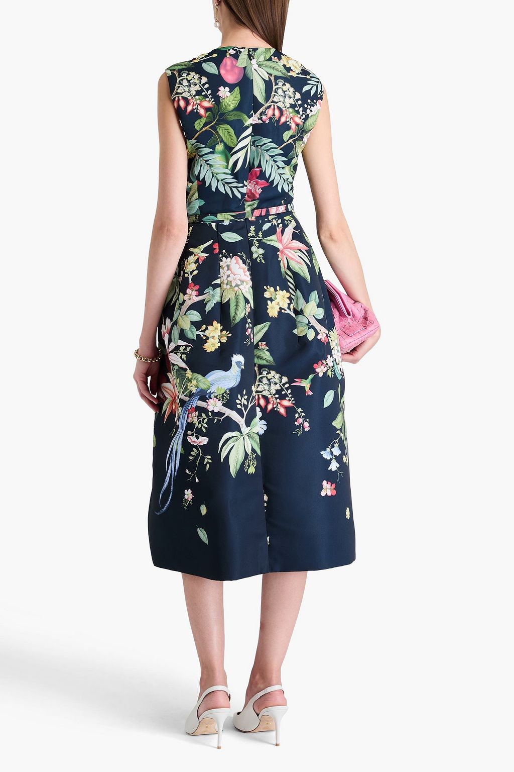 OSCAR DE LA RENTA فستان متوسط الطول من قماش الفاي مزين بطبعة الأزهار ومزود بحزام