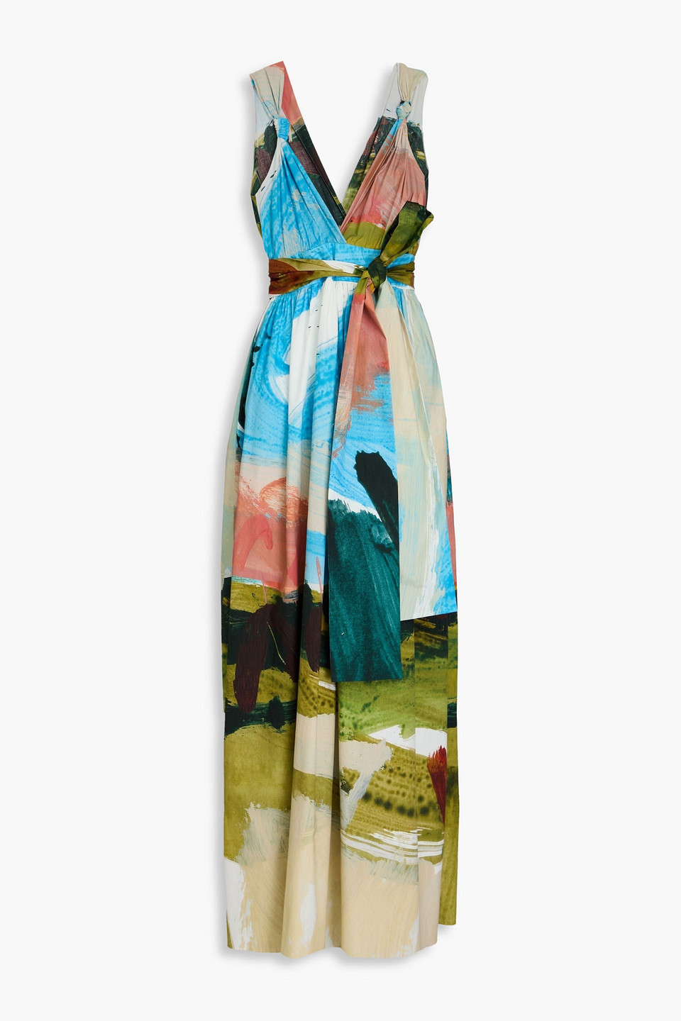 Oscar De La Renta Belted Printed Cotton-poplin Maxi Dress In Turquoise