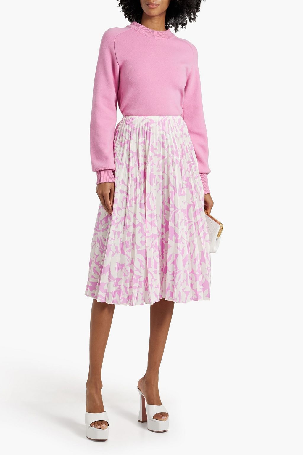 VALENTINO GARAVANI Pleated floral-print silk-crepe midi skirt