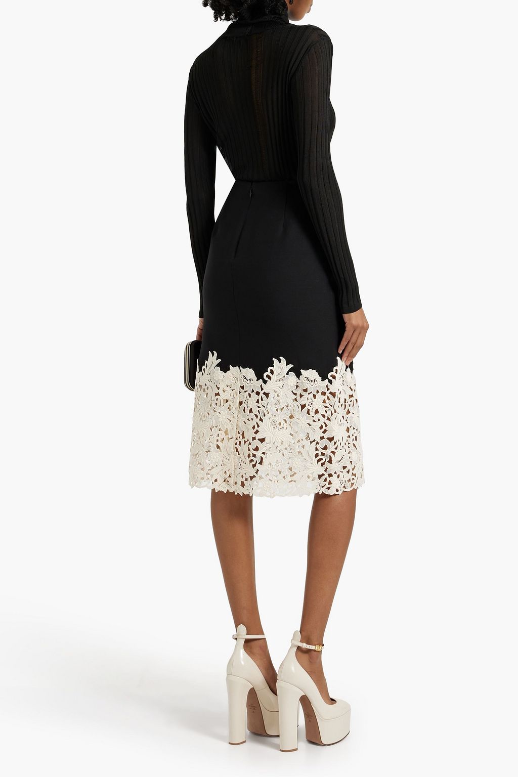 VALENTINO GARAVANI Guipure lace-paneled wool and silk-blend twill skirt
